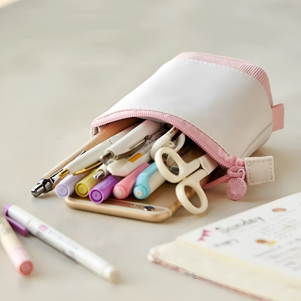 Telescopic drop-down stationery case in purple corduroy with cotton and linen interior