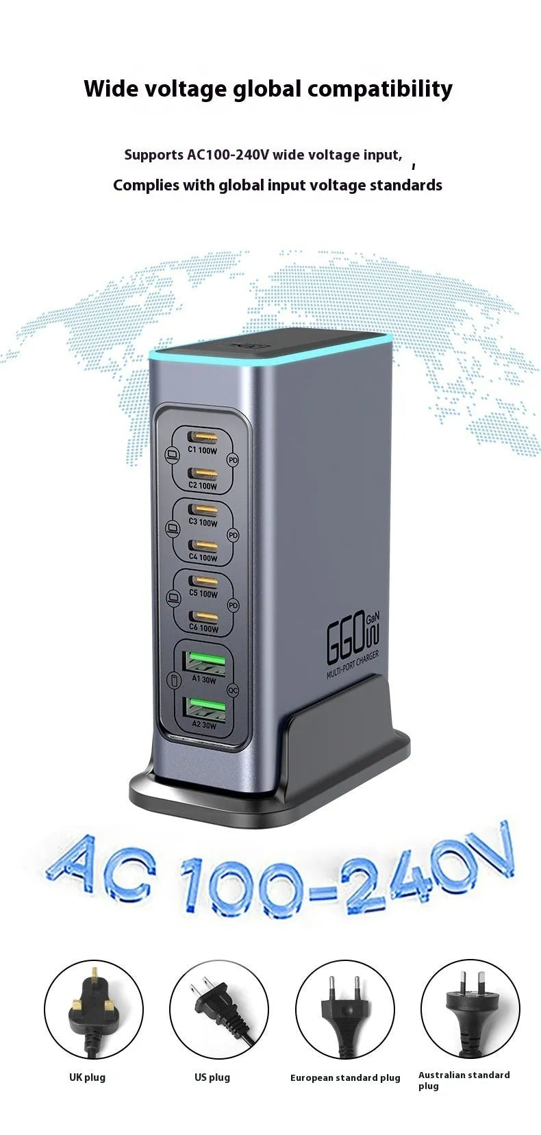 660W gallium nitride desktop fast charger with multiple ports for phones and tablets.