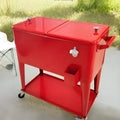 Red insulated metal trolley with wheels for outdoor food and drink transport
