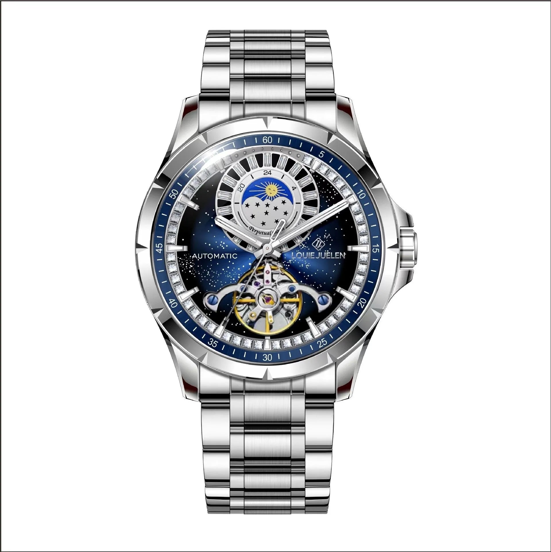 Silver case waterproof automatic mechanical watch with blue dial and stainless steel strap