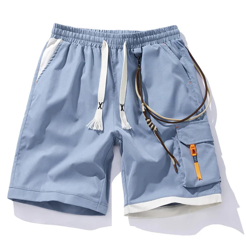Men's black bamboo fibre sports shorts with a high waist and loose, straight-leg cropped fit on a hanger.