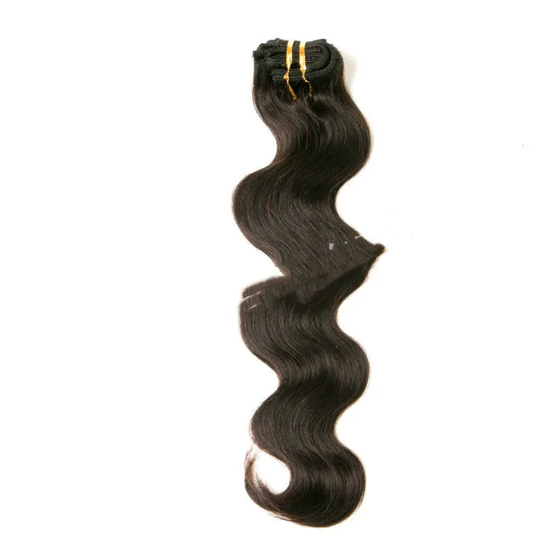 Seven-piece clip-in real hair extension set in black, lengths 16-24 inches, with Qi bangs style