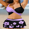 Women's purple high-waisted skirt bikini set with lace-up backless design for swimming