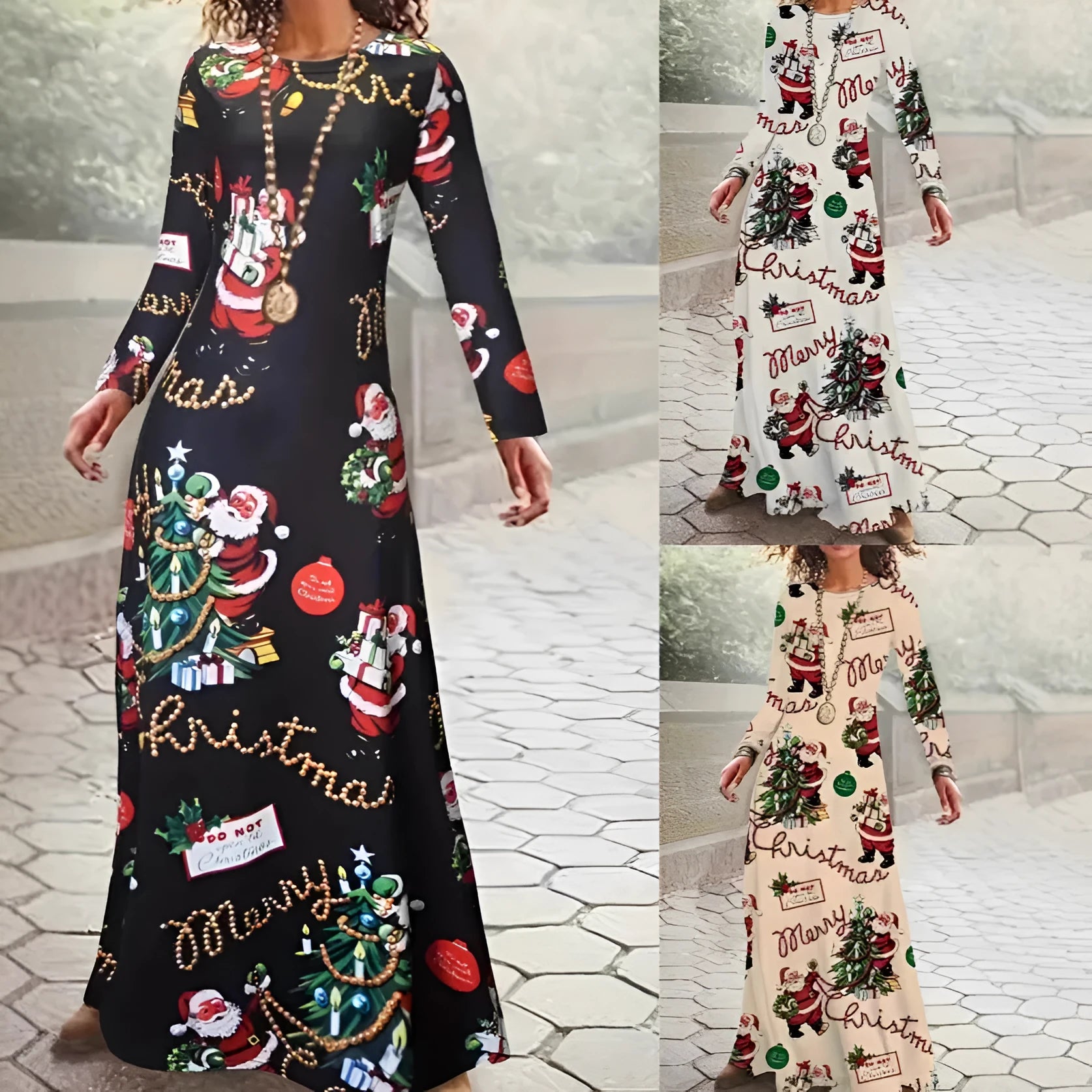 Santa Claus printed long sleeve polyester dress with leather stitching, black colour, front view