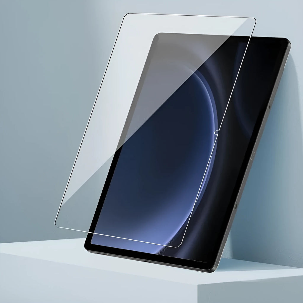 Tempered glass screen protector for Samsung tablet displayed next to a cattle leather pouch.