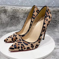 Suede leopard print high heels for women with rhinestone toe, pointed stiletto, rubber sole