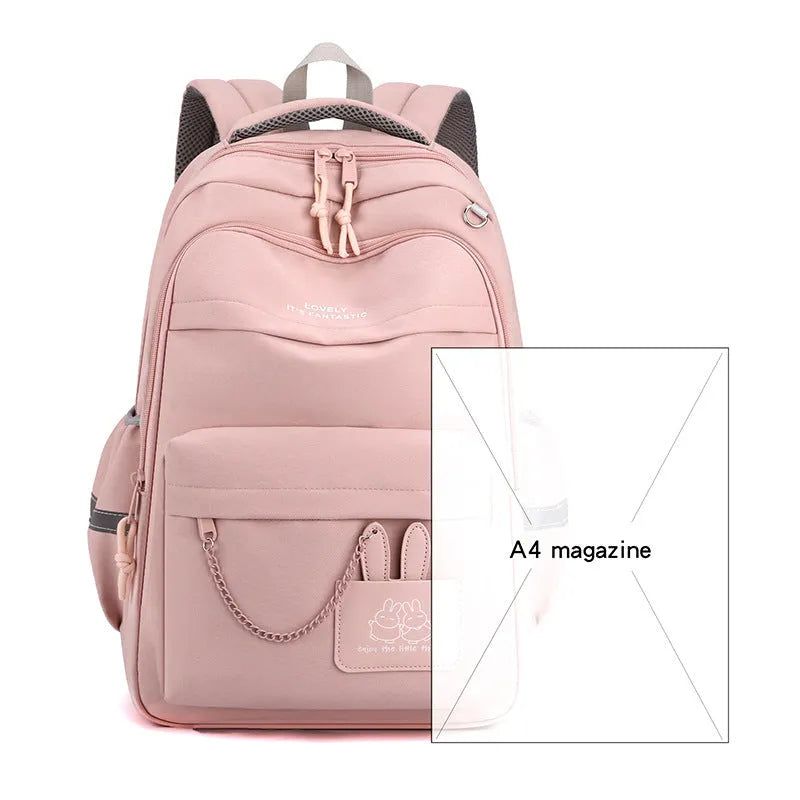 Nylon school backpack 30x21x43cm with letter pattern, available in pink, black, orange, and purple.