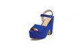 Black suede platform sandals with an ankle strap and open toe for women in plus sizes.