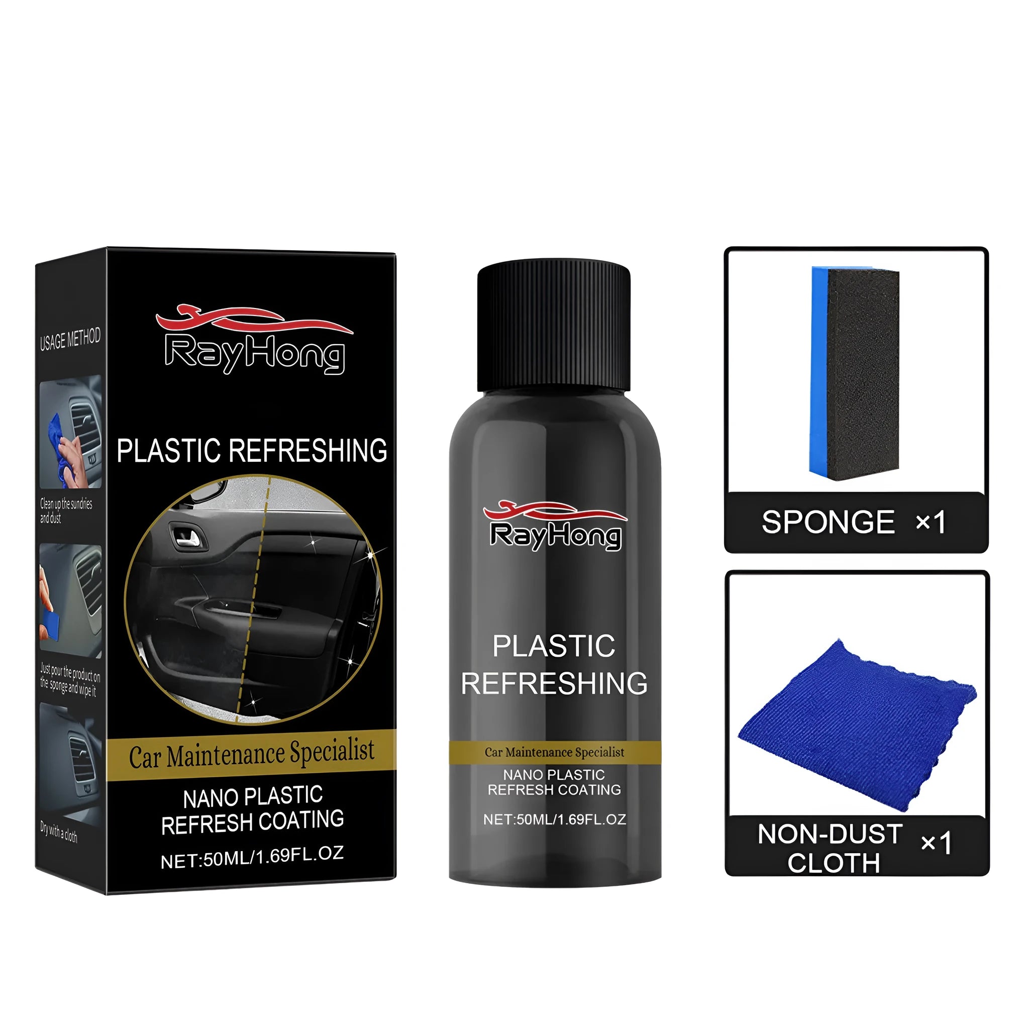 Nano plastic refresh coating kit for car dashboard scratches with bottle, sponge, and microfiber cloth