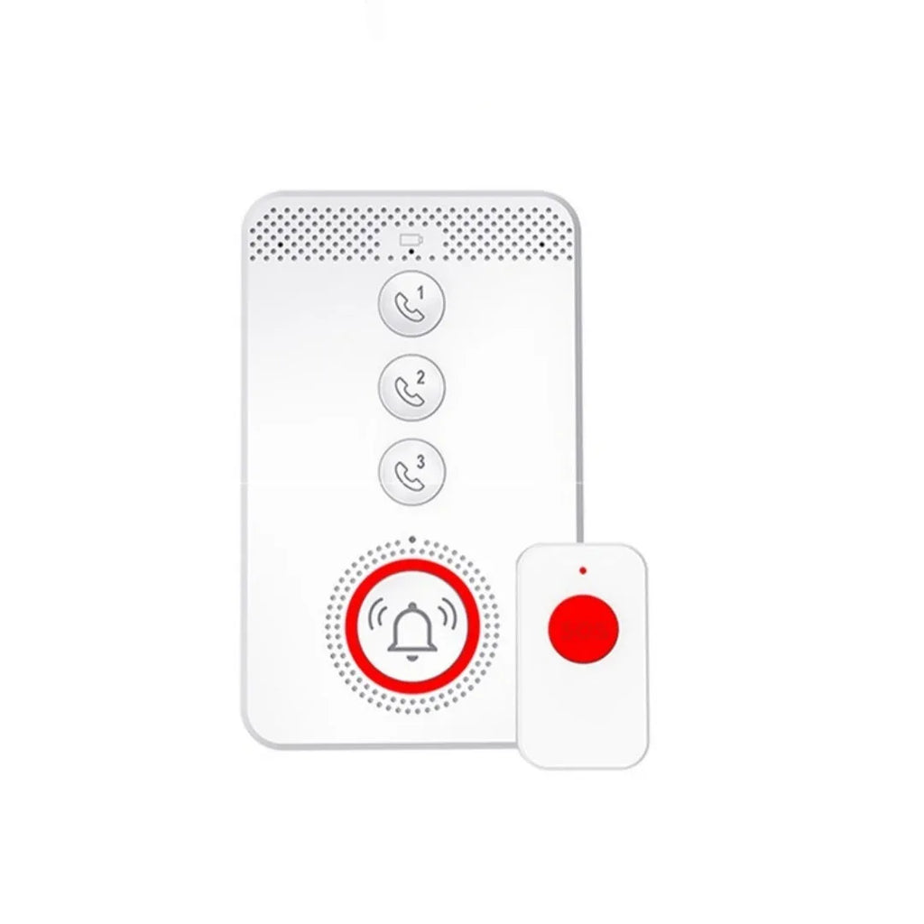 White central buzzer unit and three wireless emergency call buttons for elderly personal alarm system.