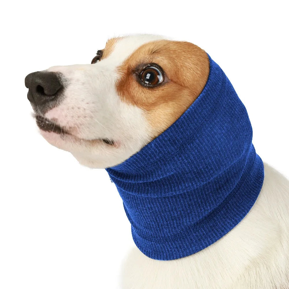 Blue adjustable dog comforter headband scarf for pet anxiety on a grey background.