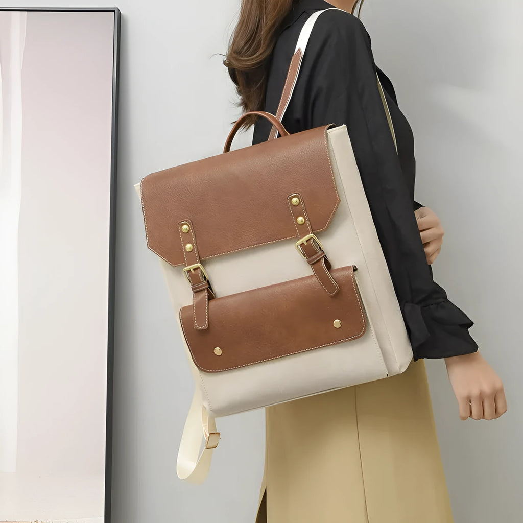Korean retro style PU backpack in black showing soft construction and ventilation features