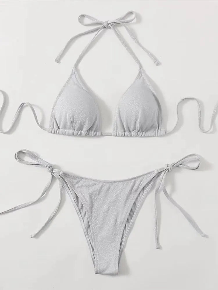 Women's split bandage style bikini swimsuit in polyester, shown in multiple colour options.