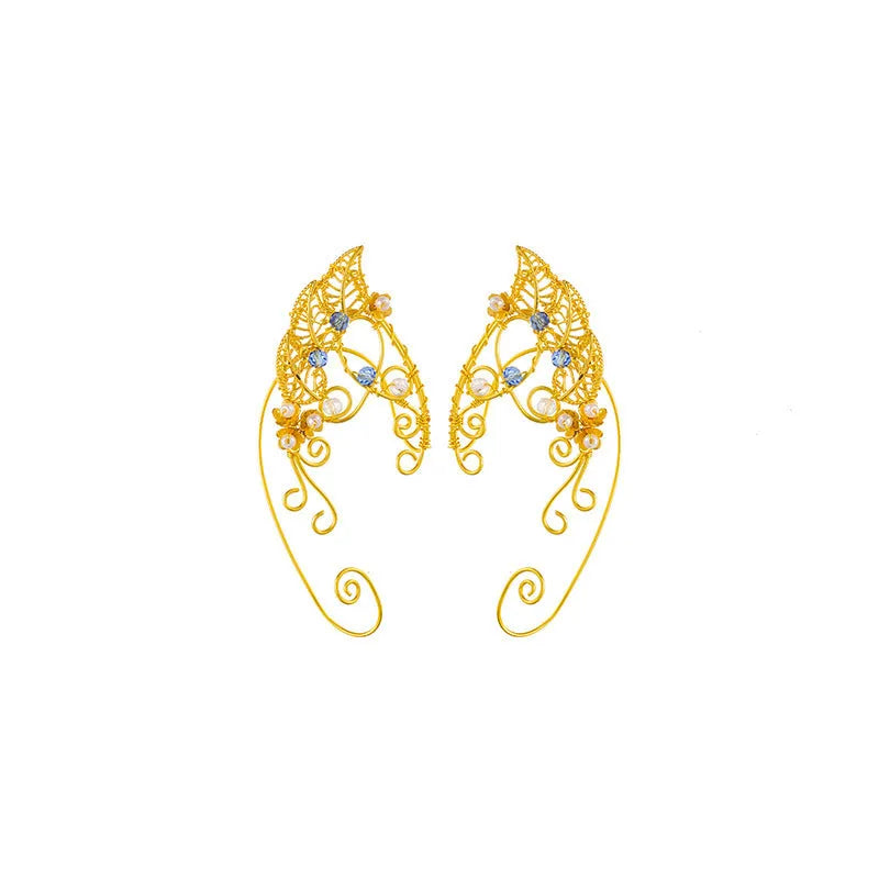 Handmade elf leaf shaped ear clip gold pair clip on earrings