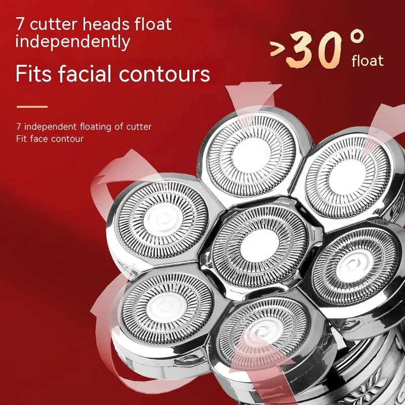 Zinc alloy electric shaver in silver and black with floating cutter head and USB charging port