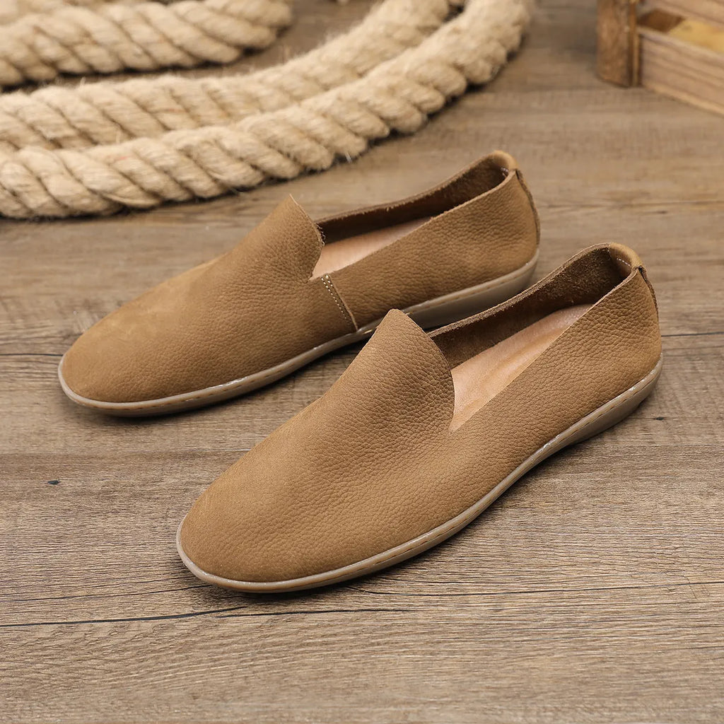 Handmade men's shoes in khaki with wedge heel and rubber sole