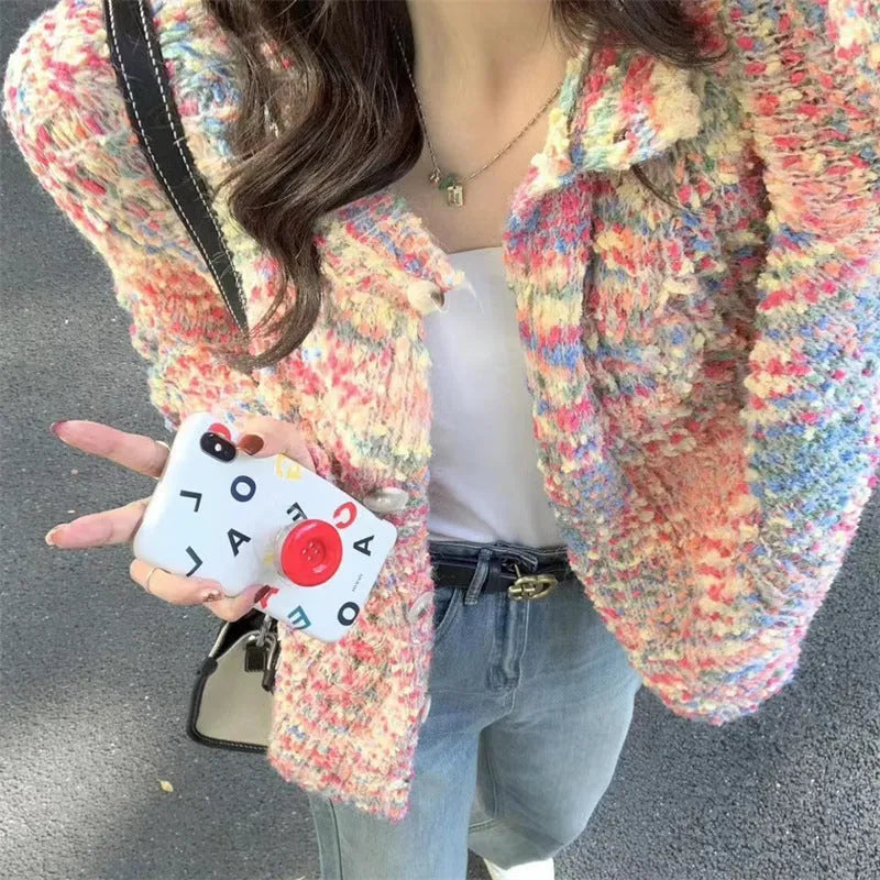 Retro style acrylic fibre knitted rainbow sweater cardigan in pink or green with regular sleeves