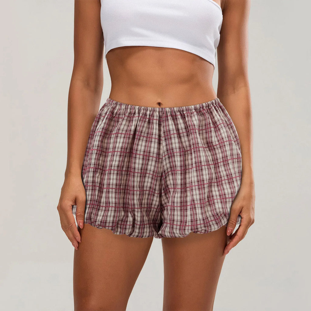 Women's casual plaid polyester shorts with elastic waist, Mori style bloomer, black colour