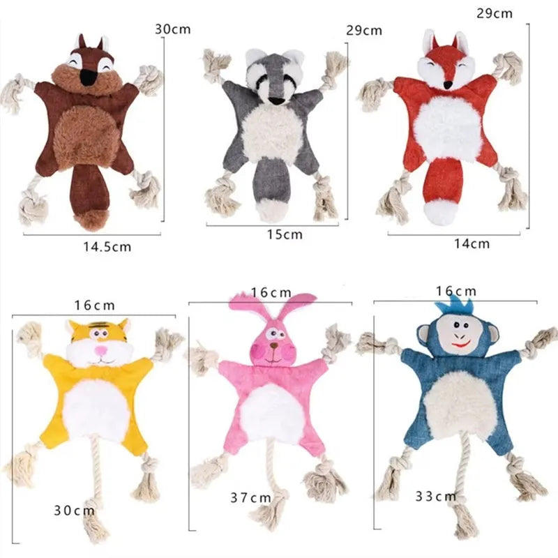 Set of six plush dog toys shaped like fox, squirrel, koala, monkey, rabbit, and tiger with squeakers