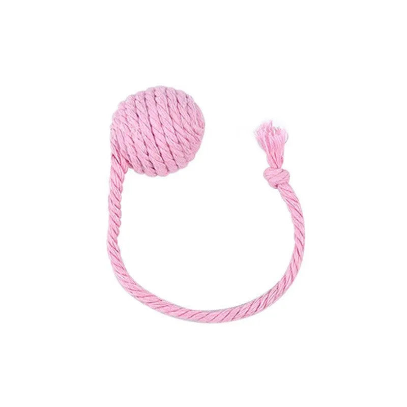 Colourful cat toy ball with attached rope, internal bell makes sound when rolled