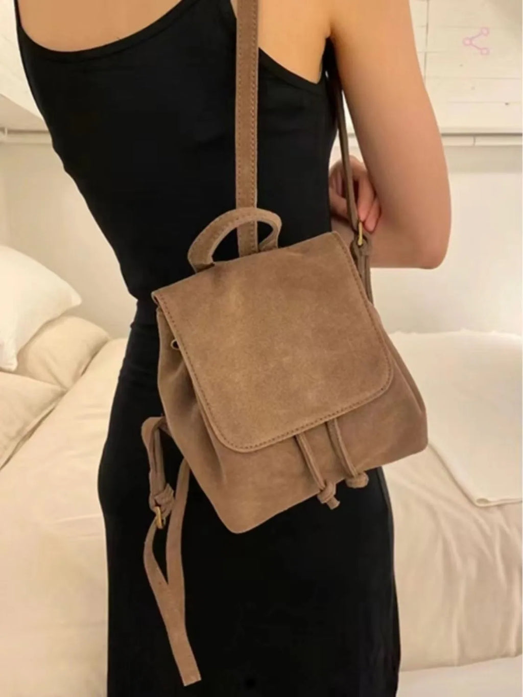 Retro suede girls backpack in brown or pink with polyester outer and suede leather lining