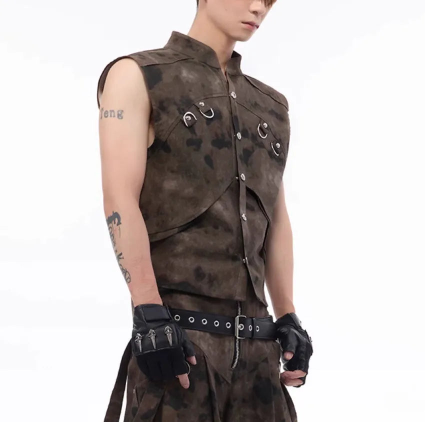 Men's camouflage denim vest and matching trousers in American retro Korean style with semi-high collar