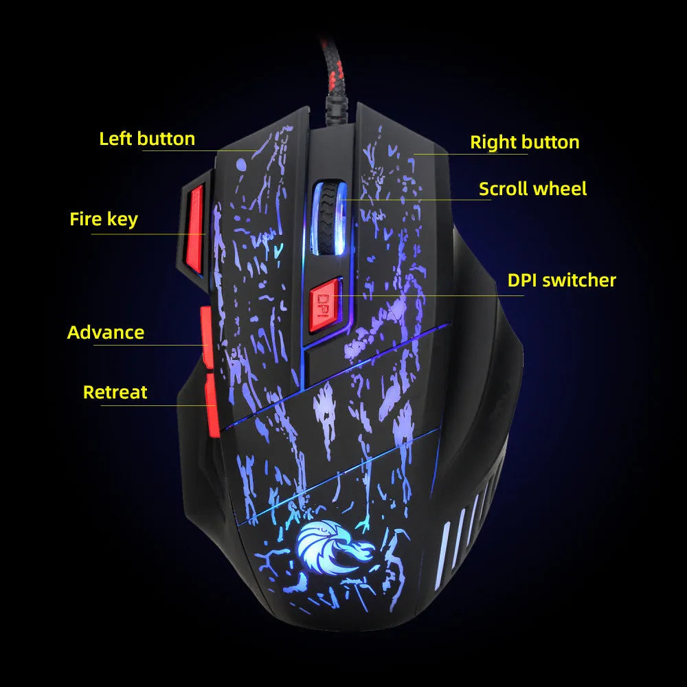 Black gaming mouse with colourful luminous lighting effects and USB cable