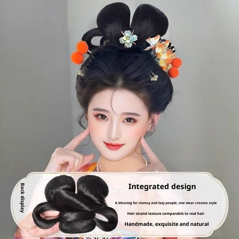 Ancient style lazy one-step hairpin hair bun piece in high temperature silk with pad package options and bow hair clip