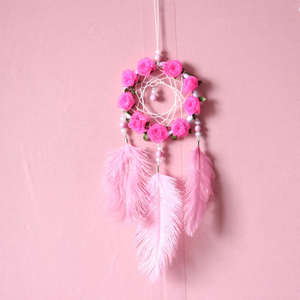 Pink ostrich feather Dreamcatcher Wind Chimes wall decoration in modern simplicity style