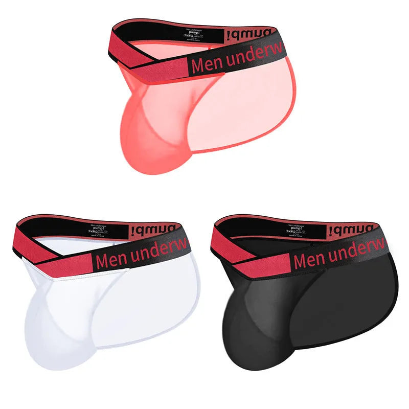 Men's transparent ice silk briefs in solid colour with low waist and V gradient high fork design