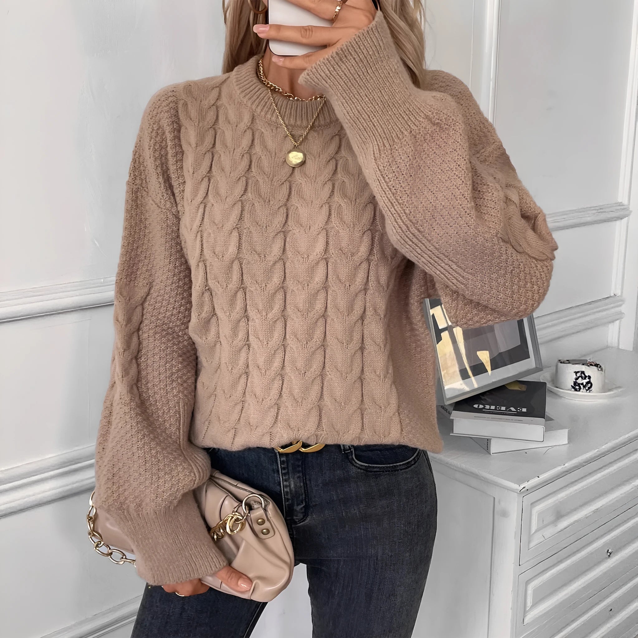 Women's loose sweater with twisted thread texture in khaki colour, round neck design