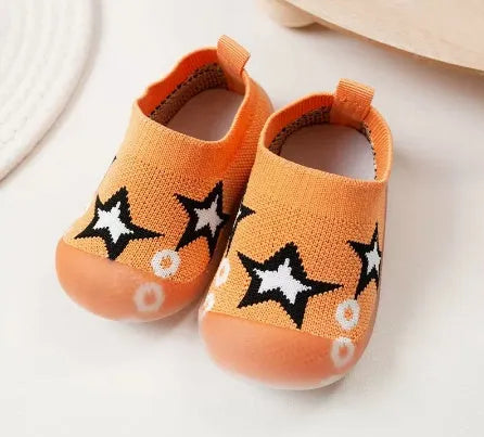 Baby soft sole non-slip walking shoes in fly woven cotton and natural rubber, available in multiple colours and sizes 11.5-15.5cm