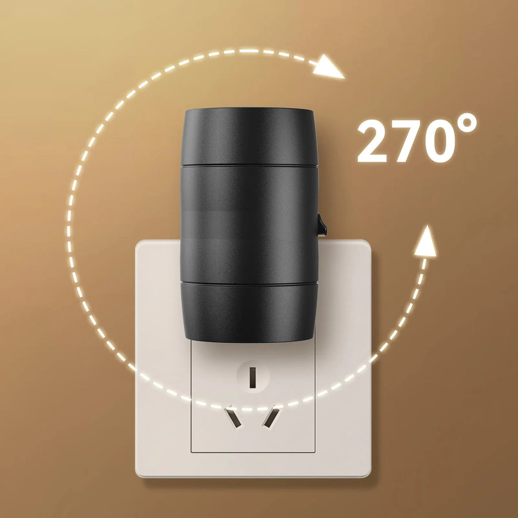 Small white plug-in night lamp with a rotatable head and adjustable brightness control on a grey background.
