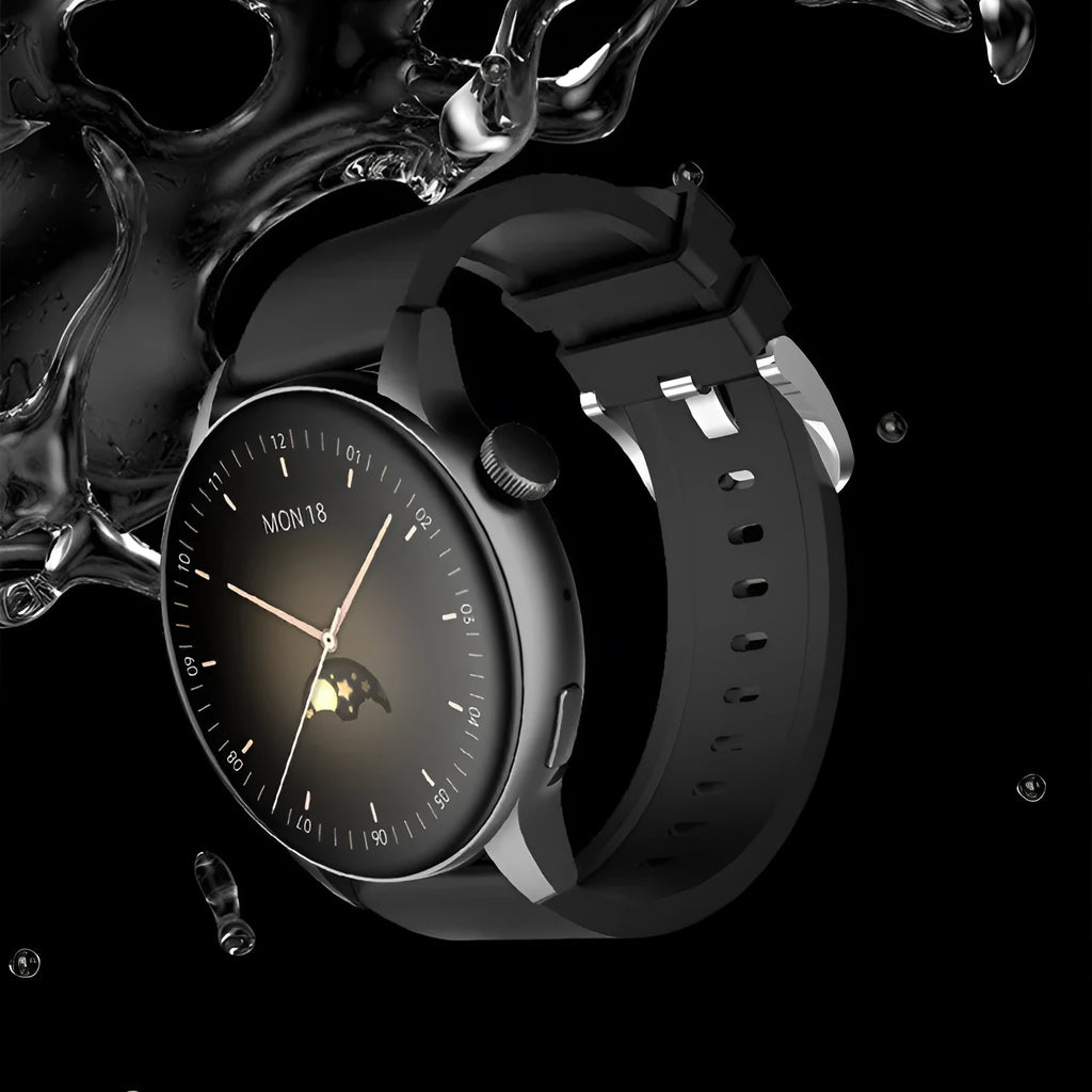 Smart watch with colour screen and stainless steel body in black, pink, or silver.