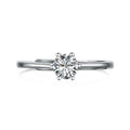 Sterling silver ring with six-claw zircon setting and open mouth adjustable band on white background