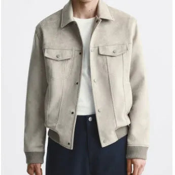 Suede velvet commuter jacket in British style with long sleeves available in light grey and mink colours