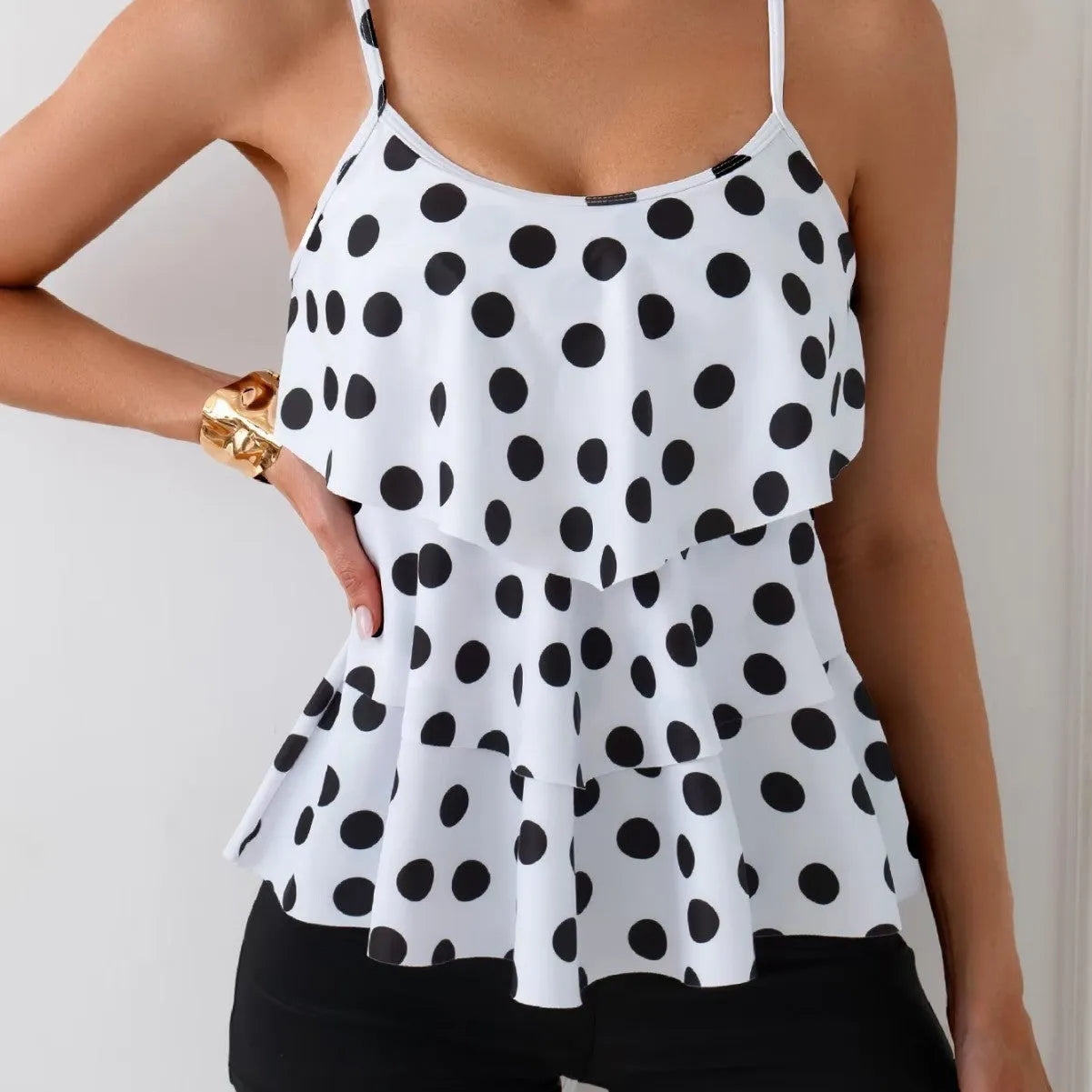 Black and white double-shoulder strap high waist backless boxers split swimsuit for women