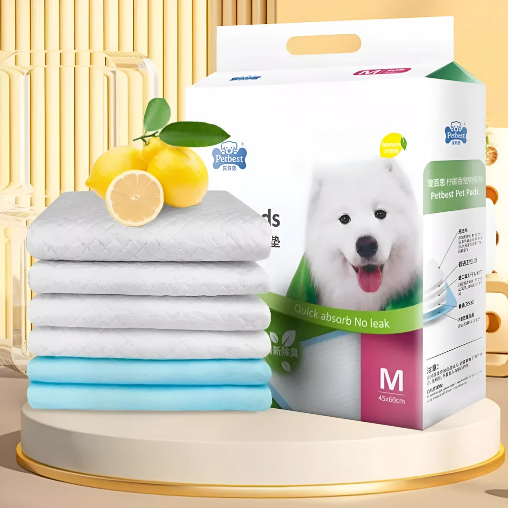 Pack of adhesive-backed dog urine pads showing sizes S, M, L, and XL with bamboo charcoal and lemon scent options
