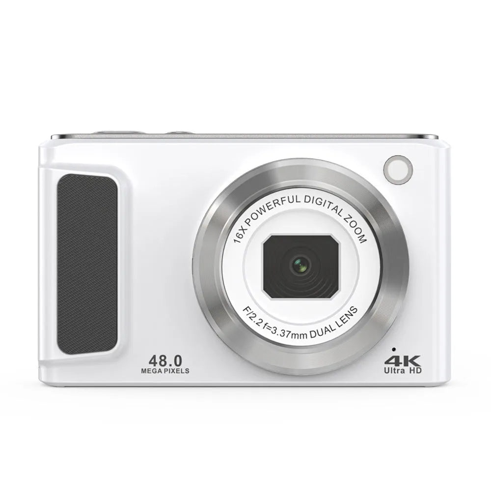 Entry-level 4K HD digital camera in black with front and rear dual lenses, compact ABS body on white background