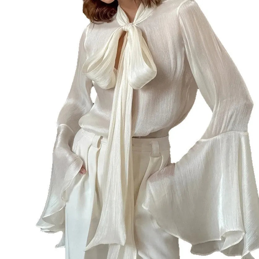 Women's flared sleeve long sleeve blouse in solid colour with lace-up detail, loose fit, polyester fabric