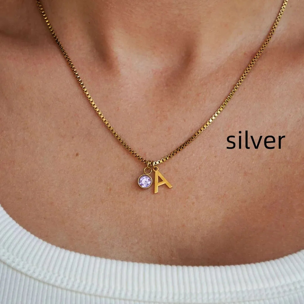 Stainless Steel Birthstone First Letter Necklace Personalised Gold or Silver Initial Pendant with O-Ring Chain and Electroplated Finish for Monthly Birthstone Customisation Jewellery Gift Options A B C D
