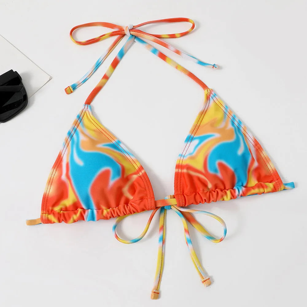 Women's split four-piece skirt tie-dyed bikini swimsuit in floral print, orange white colour, sleeveless two-piece set