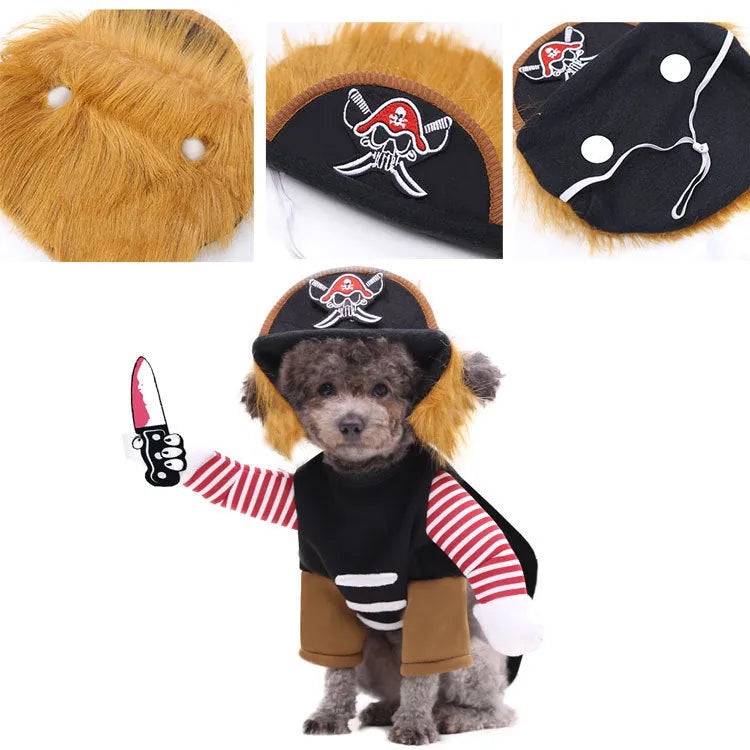 Pirate pet costume set for dogs and cats with matching hat on animal