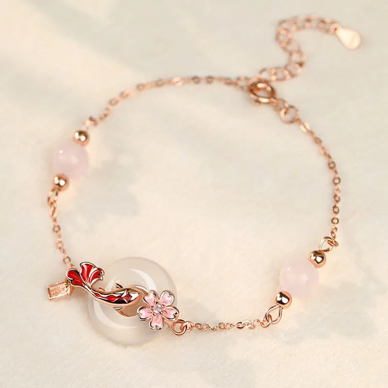 S925 sterling silver adjustable bracelet with white chalcedony crystal beads and koi design