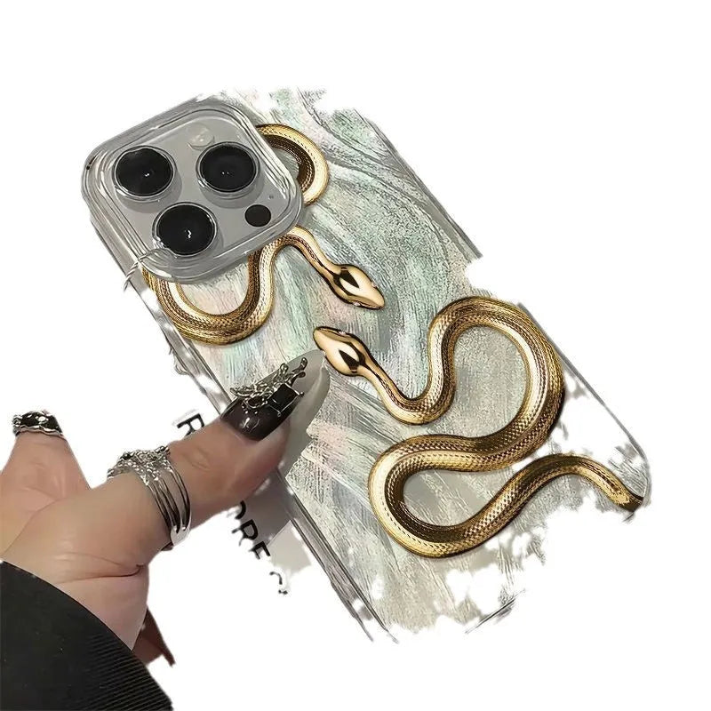 Silicone phone case with two gold snake animal print and frosted finish for iPhone