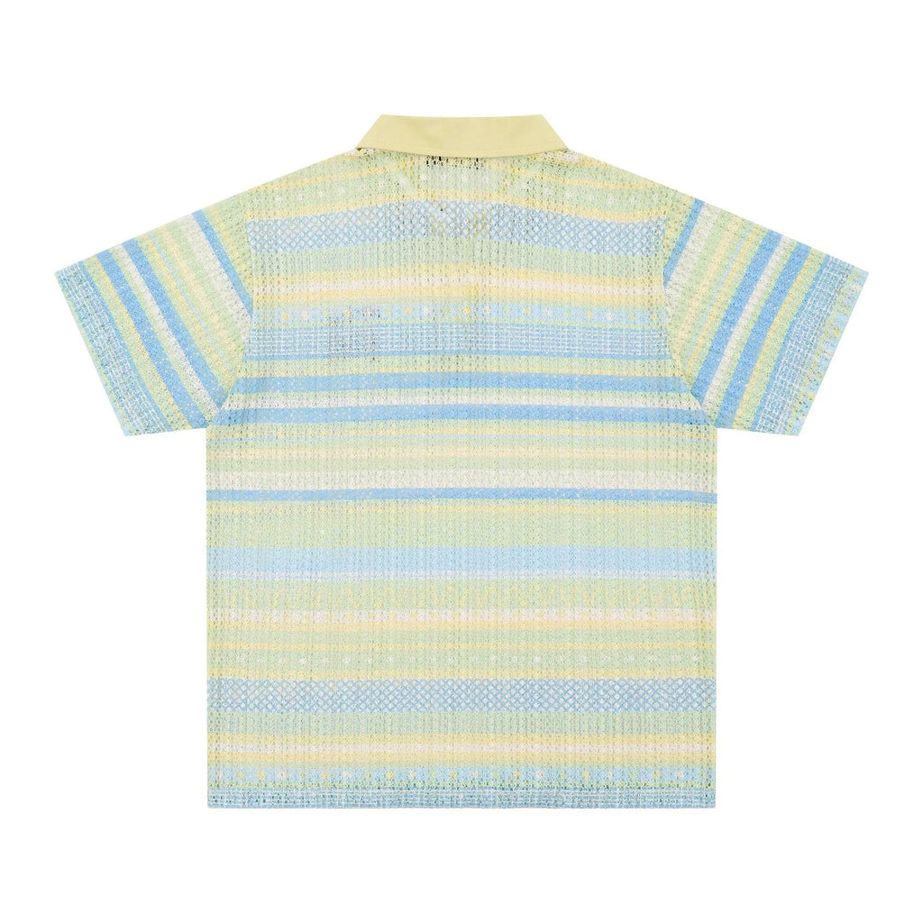 Blue men's printed short sleeve shirt with loose fit and elastic polyester fabric