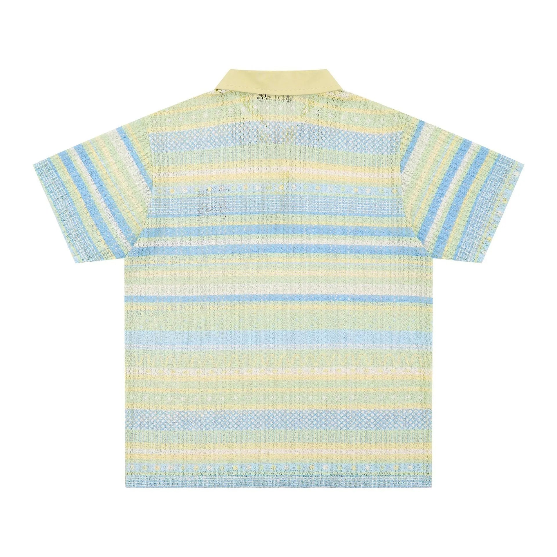 Blue men's printed short sleeve shirt with loose fit and elastic polyester fabric