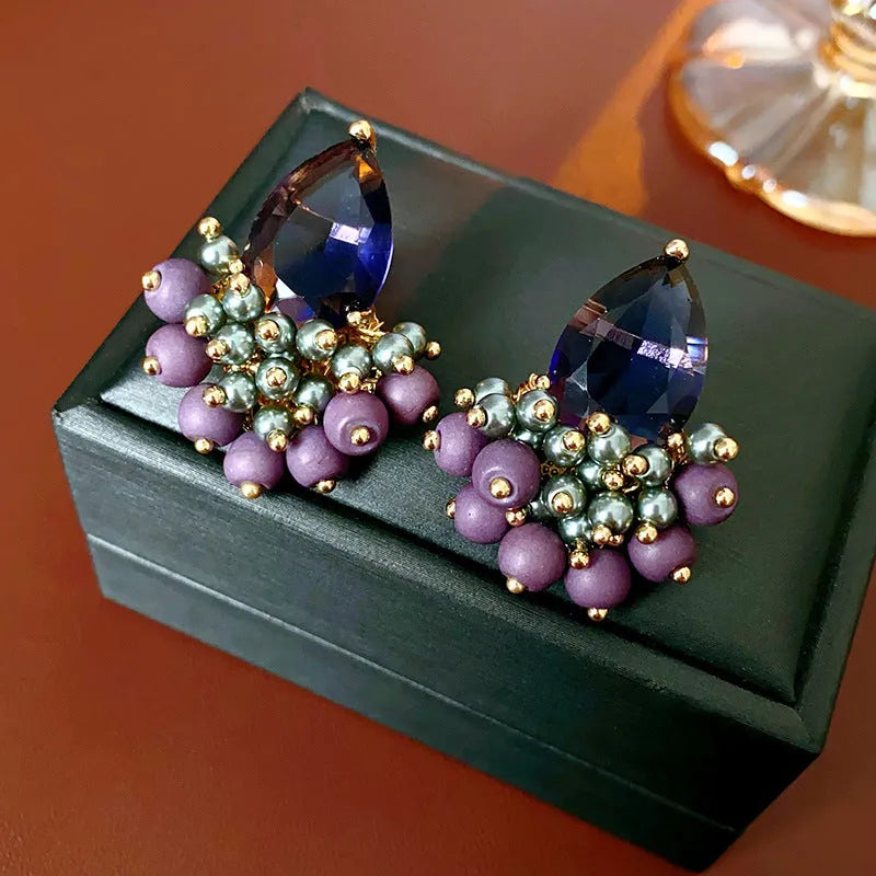 Retro alloy zircon tassel earrings in purple droplet colour with silver needle post