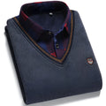 Men's fake two-piece shirt collar sweater in blue, front view, lightweight chemical fibre blend