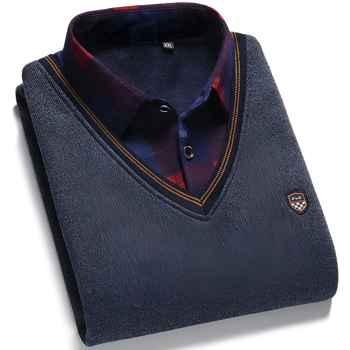 Men's fake two-piece shirt collar sweater in blue, front view, lightweight chemical fibre blend